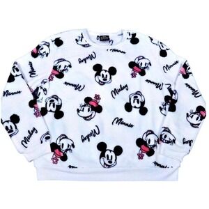 Disney Mickey Minnie Fleece Sweatshirt Womens Small White All Over Print Cozy